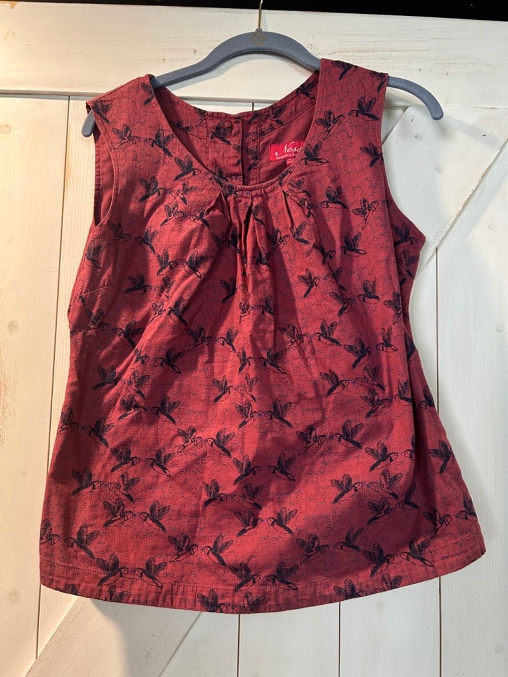 Ness Designed in Scotland Sleeveless Red Bird-Print Top Size 8 100% Cotton